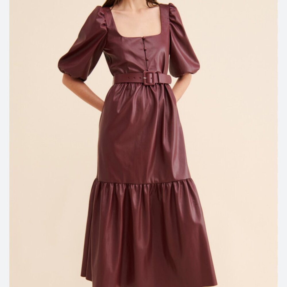 Square Neck Faux-Leather Midi Dress in Burgundy